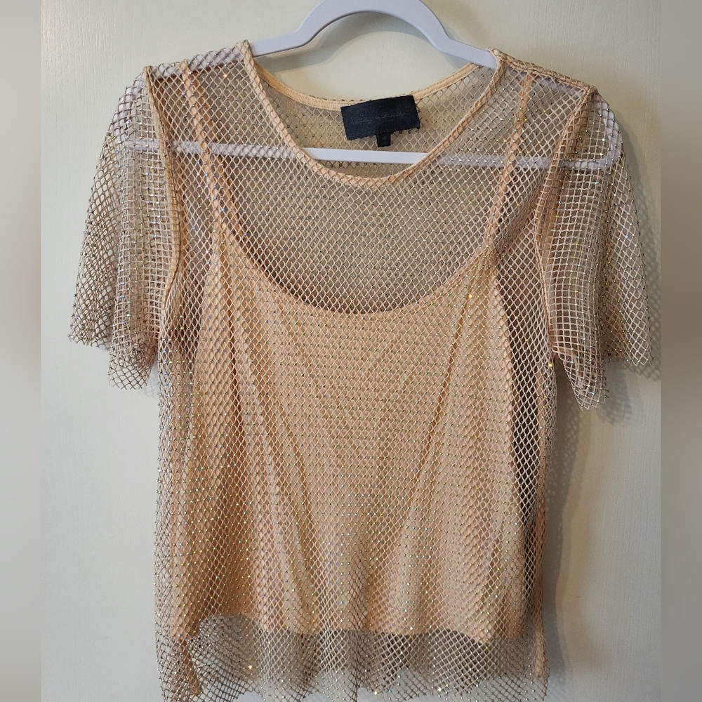 Sunday In Brooklyn Anthropologie Light Peach/Beige Elegant Mesh Rhinestone Top - Picture 4 of 8